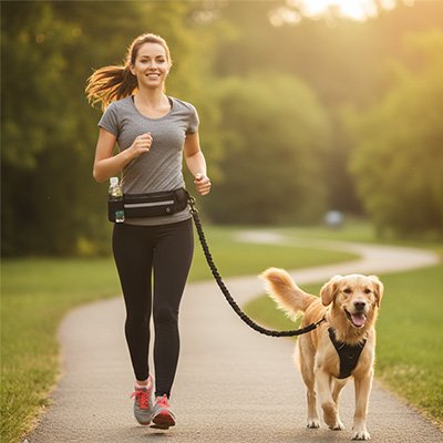 Chien courant en laisse canicross Banane noire avec sa maitresse