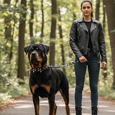 chien dans la forêt avec Collier Chien clouté noir et argenté ave sa maitresse