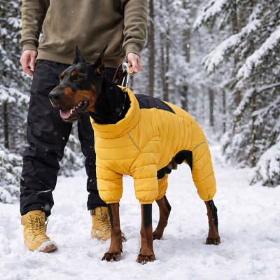  Chien dans la neige avec manteau pour Chien Doudoune jaune avec son maitre