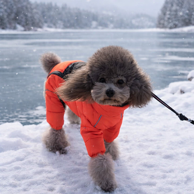  Chien dans la neige avec manteau pour Chien Doudoune rouge au lac