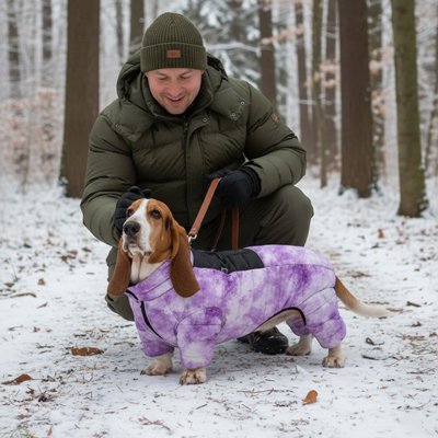 Chien dans la neige avec Manteaux chien Confort douillet mauve