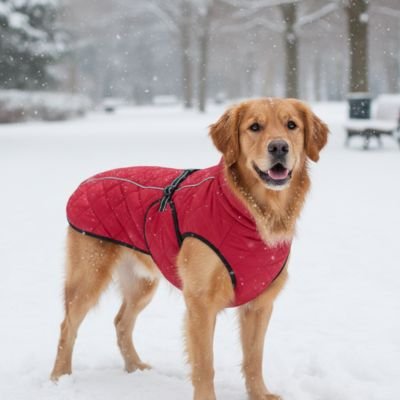 chien dans la neige en manteau pour Chien Parka hivernal rouge