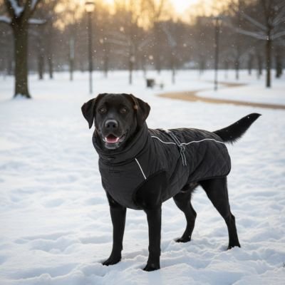 chien dans la neige en manteau pour Chien Parka hivernal noir 