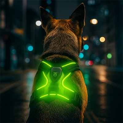 chien dans la nuit avec chien harnais LumiChou vert