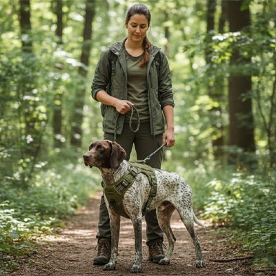Chien dans les bois avec harnais pour porter un chien Liberté sécurisée kaki