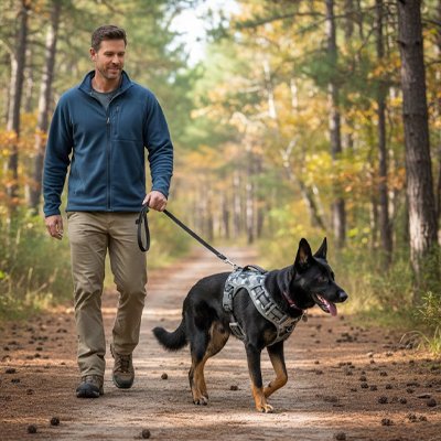 Chien dans les bois avec harnais pour porter un chien Liberté sécurisée vert armée
