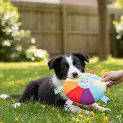 chien dans l'herbe avec son jouet pour chien Teddy dans la gueule