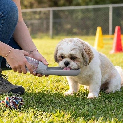  Chien dans l'herbe buvant gourde Chien Patte Soif gris