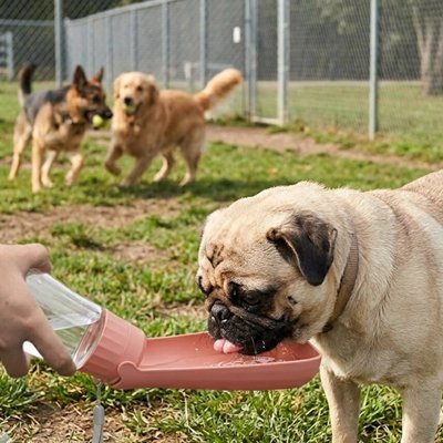  Chien dans l'herbe buvant gourde Chien Patte Soif rose