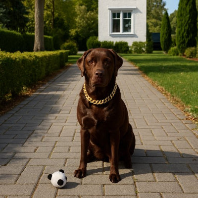 chien dehors avec collier pour chien doré et zircnium