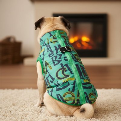 chien devant la cheminée avec manteau Chien Hiver douillet vert