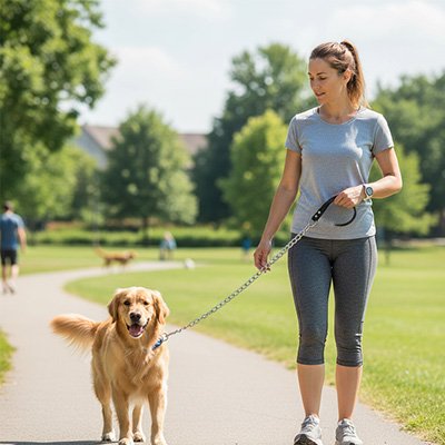 Chien en balade au parc en laisse pour chien Force Acier avec sa maitresse 