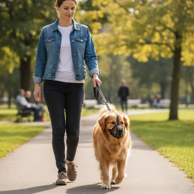 Chien en balade au parc en muselière Filet avec sa maitresse
