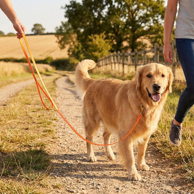 chien en balade avec son maitre en longe pour chen Flow dog orange