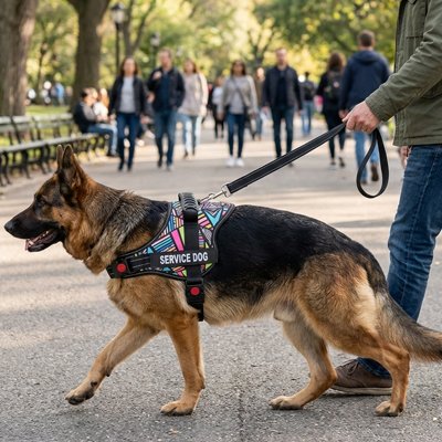 Chien en balade en harnais chien Elite Confort mosaïque avec son maitre