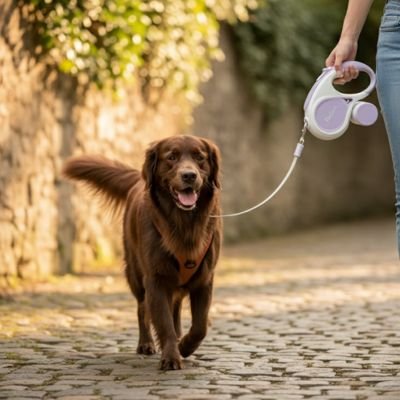 Chien en balade en laisse chien enrouleur Rétractable auto mauve