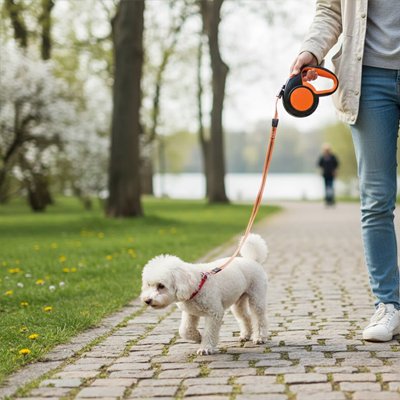 Chien en balade en laisse enrouleur pour chien Rétractable Sécurité orange
