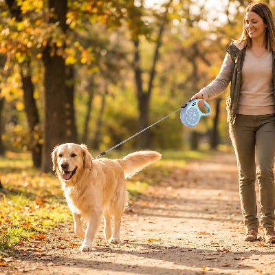 chien en balade en laisse pour chien Puppy verte avec sa maitresse