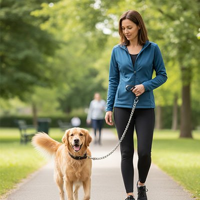 Chien en balade en laisse pour chien Force Acier avec sa maitresse au parc