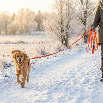 chien en balade en longe pour chien Balade canine orange dans la neige avec son maitre
