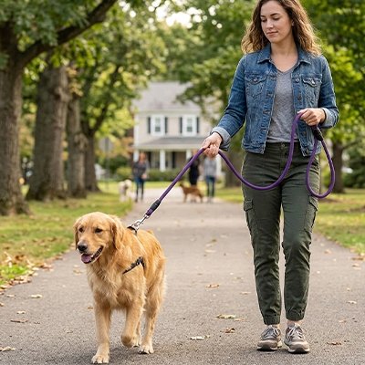 Chien en balade en longe pour Chien Balade Flex mauve avec sa maitresse
