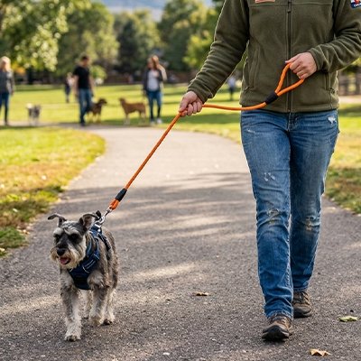 Chien en balade en longe pour Chien Balade Flex orange avec sa maitresse