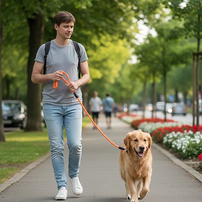 Chien en balade en longe pour Chien Balade Flex Orange avec son maitre