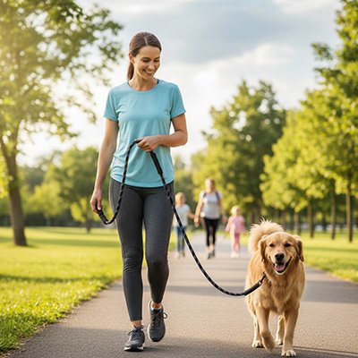 chien en balade en longe pour chien Liberté noir avec sa maitresse