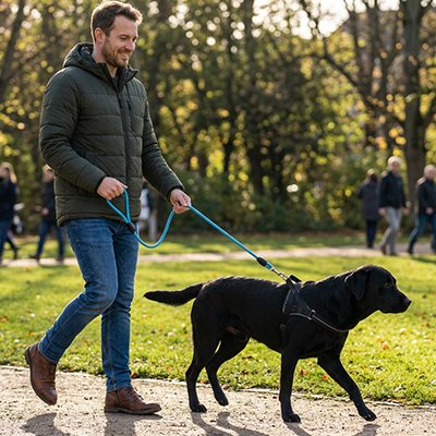 Chien en balade en longe pour chien Piste Libre Bleu avec son maitre