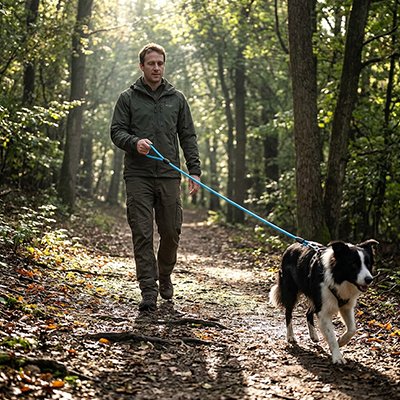 Chien en balade en longe pour chien Piste Libre Bleu en forêt