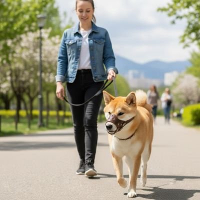 Chien en balade en muselière pour chien​ Protège bouche café avec sa maitresse
