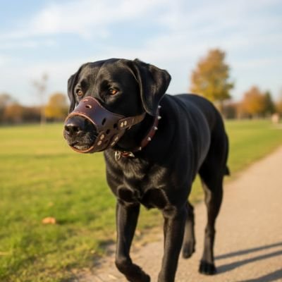 Chien en balade en muselière pour chien​ Protège bouche café sur une route