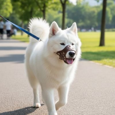 Chien en balade en muselière pour chien​ Protège bouche café