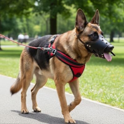Chien en balade en muselière pour chien​ Protège bouche noir