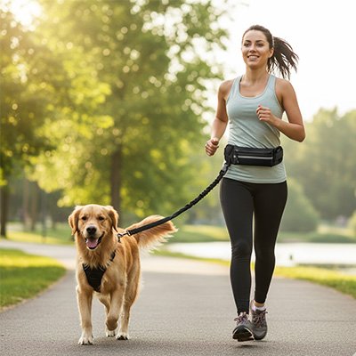 Chien en footing au parc en laisse canicross Banane noire avec sa maitresse