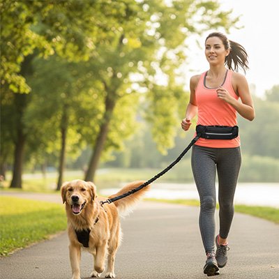 Chien en footing en laisse canicross Banane noire avec sa maitresse