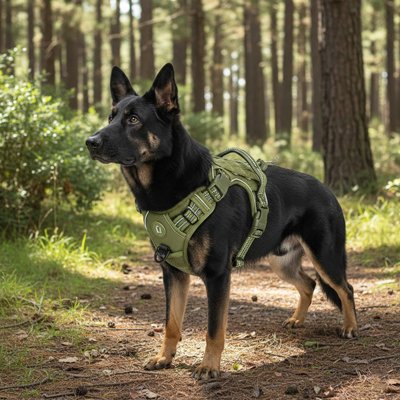 Chien en forêt avec harnais pour porter un chien Liberté sécurisée kaki