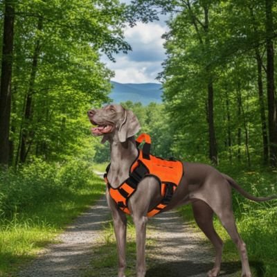 chien en forêt en Harnais chien Ranger orange
