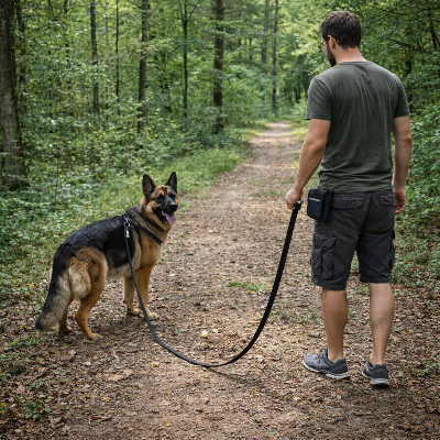 chien en foret en longe chien Larga noir avec son maitre