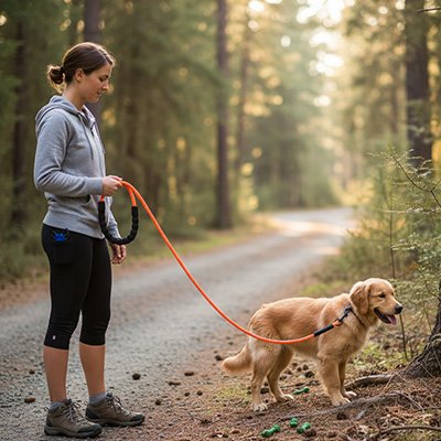chien en forêt en longe pour chien Liberté orange avec sa maitresse