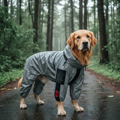 Chien en forêt sous la pluie en imperméable pour chien​ Alliance pluie 
