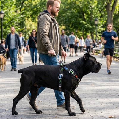 Chien en harnais chien Toutou Sport noir avec son maitre au parc