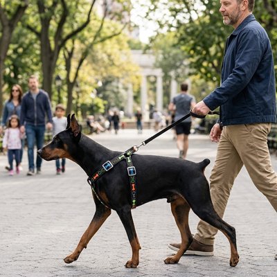 Chien en harnais chien Toutou Sport noir avec son maitre en balade