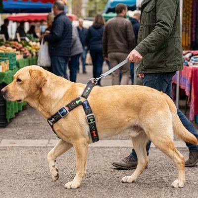 Chien en harnais chien Toutou Sport noir avec son maitre