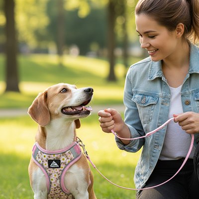 Chien en harnais pour petit chien Léopard rose avec sa maitresse