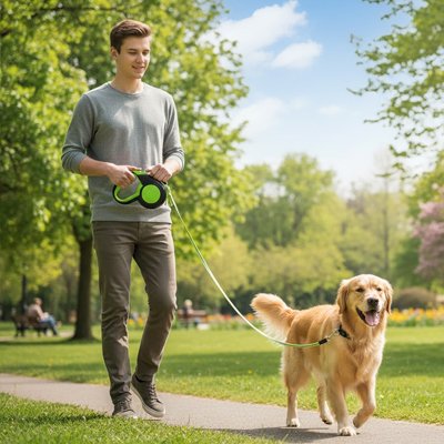 Chien en laisse enrouleur pour chien Rétractable Sécurité vert avec son maitre en balade