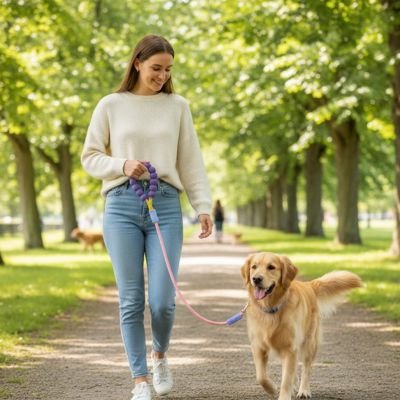 Chien en laisse pour Chien Anneau confort mauve au parc avec sa maitresse