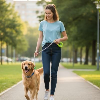 Chien en laisse pour Chien Anneau confort vert au parc avec sa maitresse
