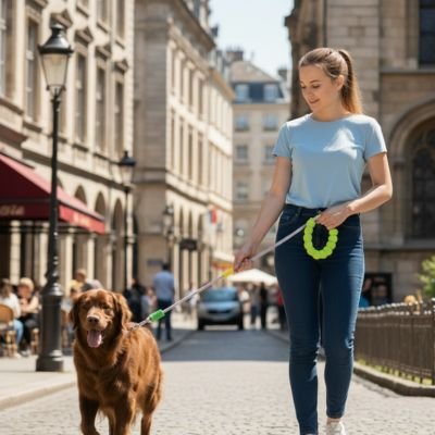 Chien en laisse pour Chien Anneau confort vert en ville avec sa maitresse