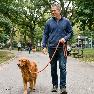 Chien en laisse pour chien Confortable et durable orange au parc avec son maitre